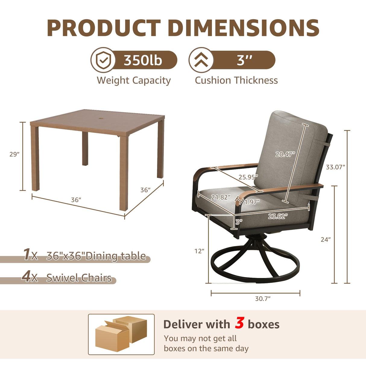 NATURAL EXPRESSIONS 5 Piece Outdoor Patio Dining Sets, 4pcs Swivel Dining Chairs & Square Woodgrain Dining Table with 1.65”Umbrella Hole for Lawn, Garden, Deck, Backyard and Porch NATURAL EXPRESSIONS