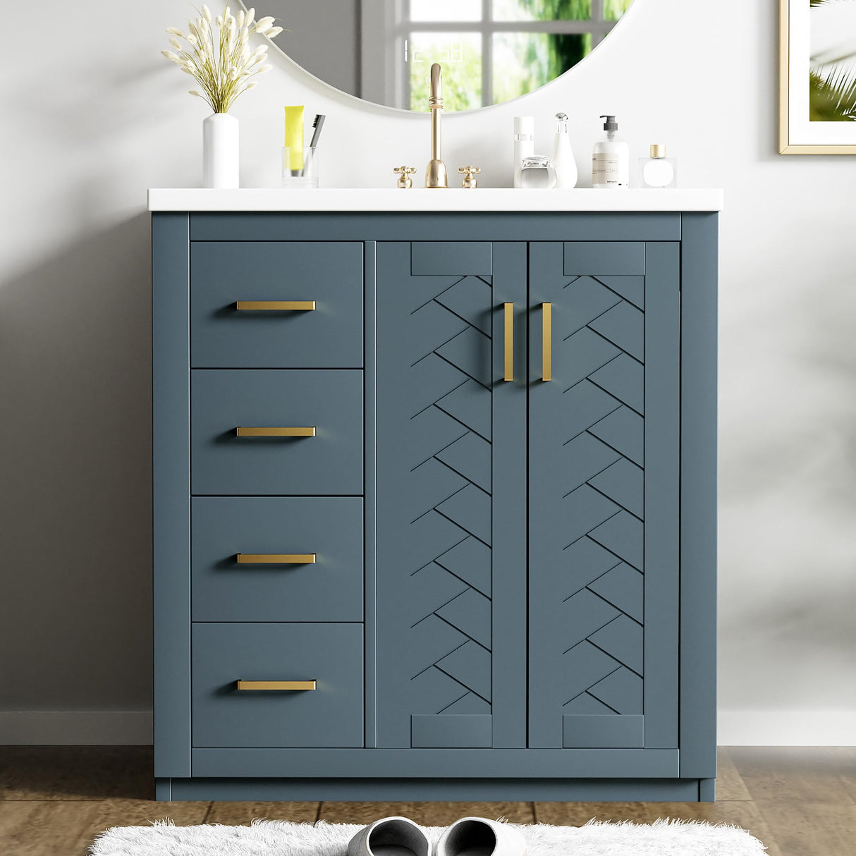 Merax Herringbone Single Sink Bathroom Vanity, Freestanding 30" Modern Bathroom Vanity Storage Cabinet with 3 Drawers and 2 Doors, Solid Wood Frame Merax