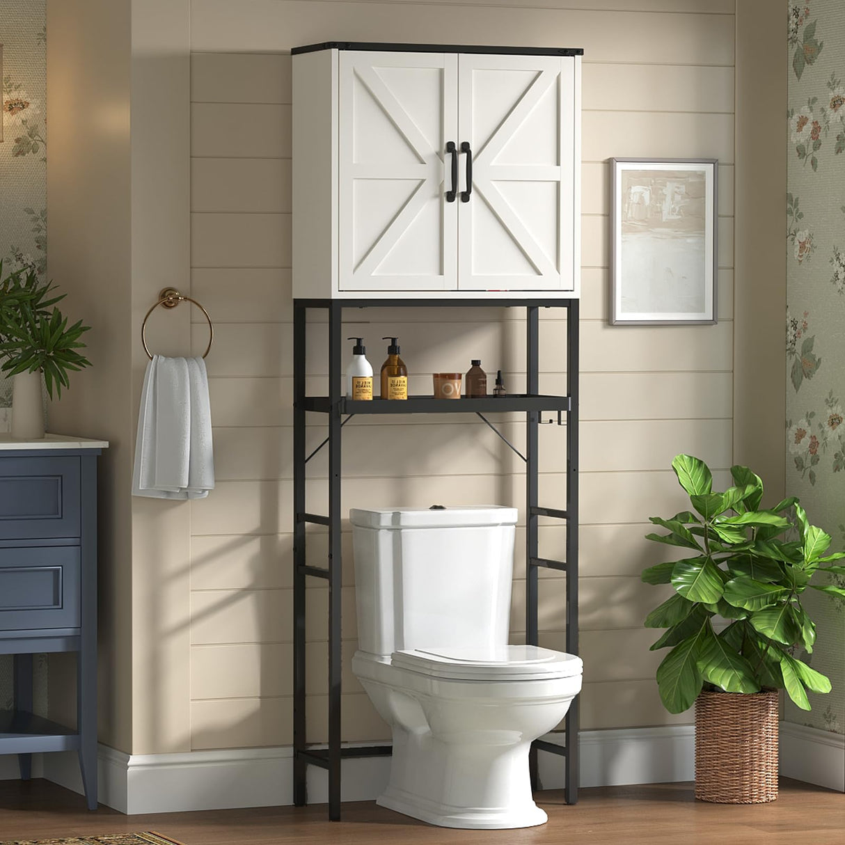 Timboniture Over The Toilet Storage Cabinet, Bathroom Above Toilet Cabinet Organizer with Doors and Adjustable Shelves, Bathroom Shelf Organizer with Anti-Tip Device & Drain Rack, White Timboniture