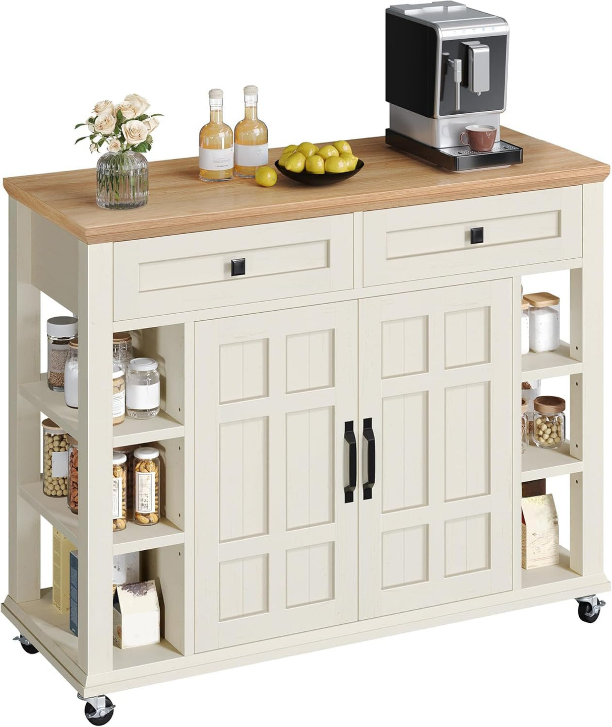 DWVO Kitchen Island with Storage Cabinet, Farmhouse Rolling Island Table on Wheels, Americana Mobile Storage Islands with Open Shelves, Drawers for Living Room, Dining Room, Off White DWVO