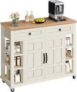 DWVO Kitchen Island with Storage Cabinet, Farmhouse Rolling Island Table on Wheels, Americana Mobile Storage Islands with Open Shelves, Drawers for Living Room, Dining Room, Off White DWVO