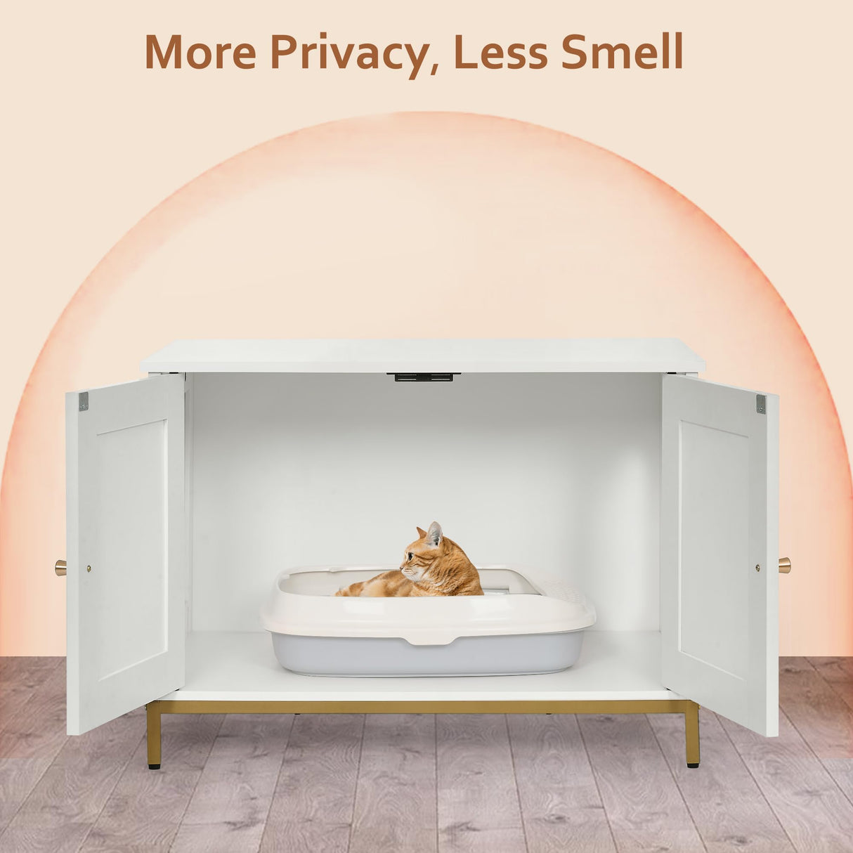 Homhedy Cat Litter Box Enclosure, Litter Box Furniture Hidden with Metal Frame, Cat Washroom Furniture, Cat House, Fit Most of Litter Box, Modern Style, White and Gold Homhedy