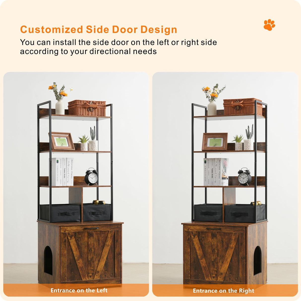 Dwanton Litter Box Enclosure with 3 Storage Shelves and 2 Drawers, 2-in-1 Hidden Cat Litter Box Enclosure Furniture with Shelf, Reversible Entrance, Washable Drawers, 61.8-Inch, Rustic Brown Dwanton