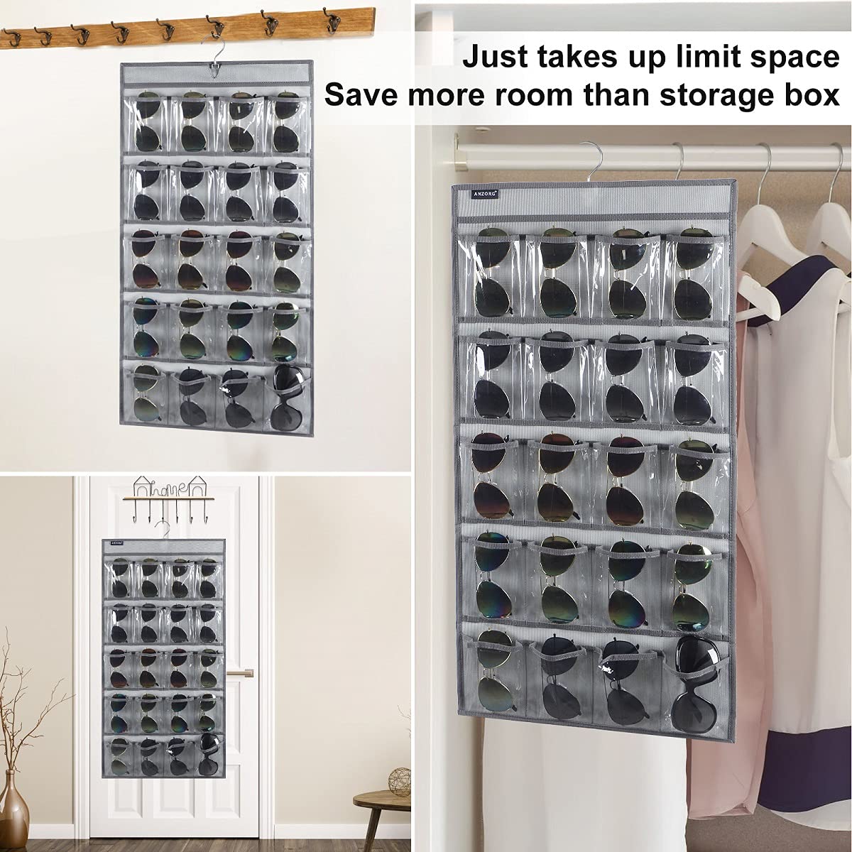 ANZORG Dual Sided Hanging Sunglasses Organizer Storage Wall Mounted Eyeglasses Holder Eyewear Display Case with 40 Clear Slots (40 Pockets-Grey) ANZORG