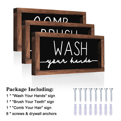 LIBWYS Bathroom Sign & Plaque (Set of 3) Wash Your Hands Brush Your Teeth Comb Your Hair Decorative Rustic Wood Farmhouse Bathroom Wall Decor (Black)