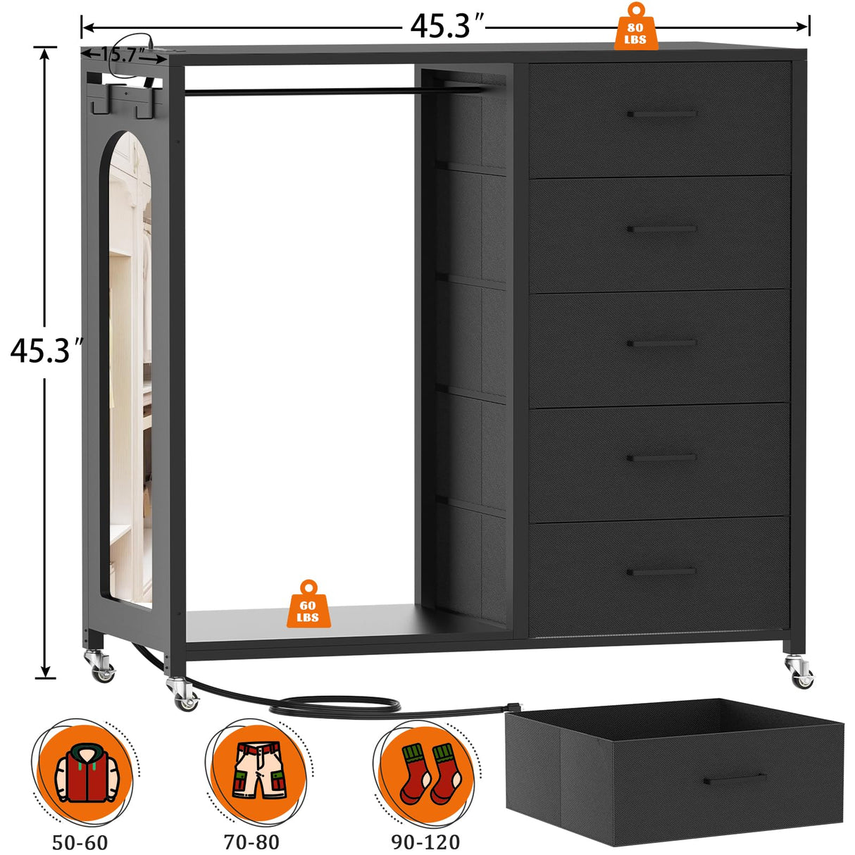 Cyclysio Dresser for Bedroom with Clothes Rack & Mirror, Black 5 Drawers Dresser with Charging Station & LED Lights, Rolling Chest of Drawers with Wheels, Full Length Mirror, Wooden Top,Bedroom,Closet Cyclysio