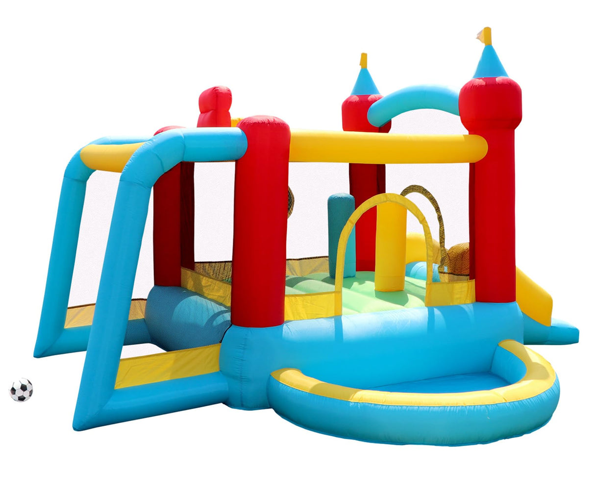 WELLFUNTIME Inflatable Bounce House with Slide, Jumping Castle with Blower and Wave Pool, Basketball Rim, Football Goal WELLFUNTIME