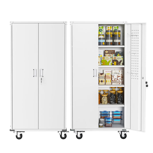 Superday 72” Metal Cabinet with Wheels, Lockable Steel Utility Cabinet with 2 Doors and 4 Adjustable Shelves, Tall Storage Cabinet for Garage, Home Office, Kitchen Pantry, Living Room, White - WoodArtSupply