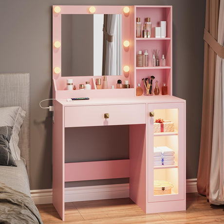 Thacuok Small Vanity Desk with Mirror and Lights,Makeup Table with Charging Station & RGB Storage Cabinet,Large Drawer & Storage Shelves,Girls Vanity,Bedroom Dressing Table,Pink Thacuok