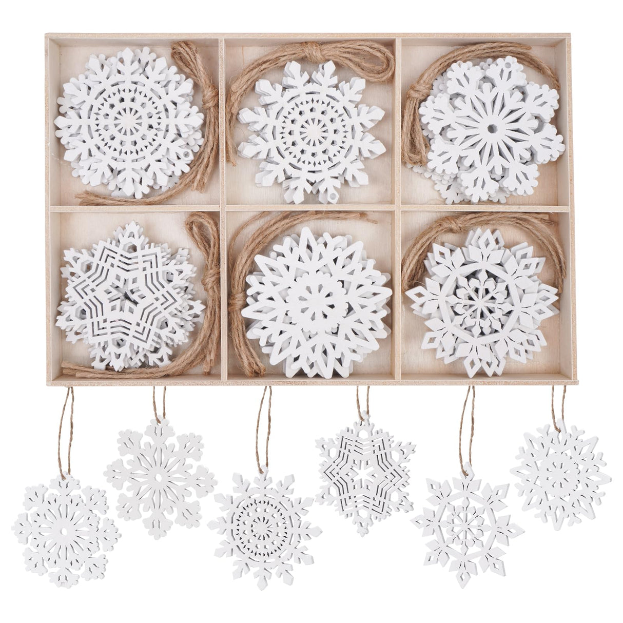 Bazayona 30pcs Wooden Snowflakes Ornaments Rustic Hanging Wood Christmas Tree Snowflake Ornaments Crafts Hollowed Embellishments for Christmas Holiday Decor, 3inch, White Bazayona