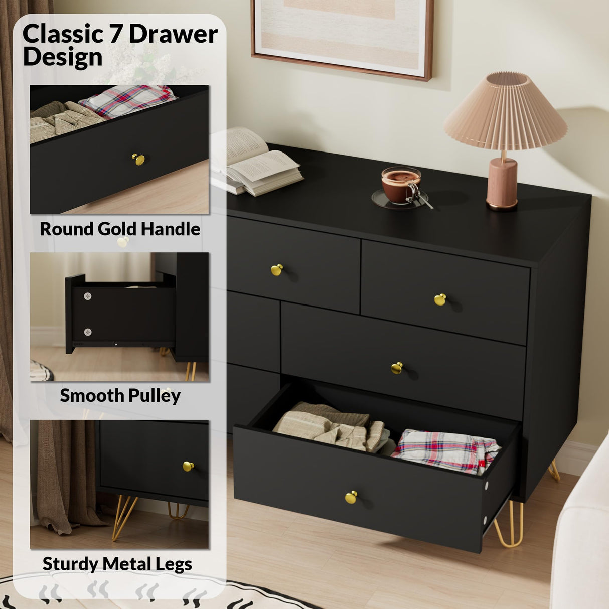 Tradare 7 Drawer Dresser and Nightstand Set of 2, Modern Black and Gold Dresser Set with Golden Handles, 2-Drawer Nightstand & 7-Drawer Chest of Drawers Tradare