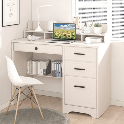 Computer Desk with Drawers and Hutch Shelf, Farmhouse Home Office Desk with Storage Drawers, PC Laptop Workstation Wood Computer Table Writing Study Desk Wooden Desk for Home Office Bedroom, Off White