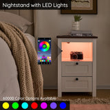 TrustKare Farmhouse Nightstand, White Nightstand with Charging Station and LED Lighting, Wood End Table with 2 Drawers, Smart Farmhouse Design Bedside Table for Bedroom Living Room TrustKare