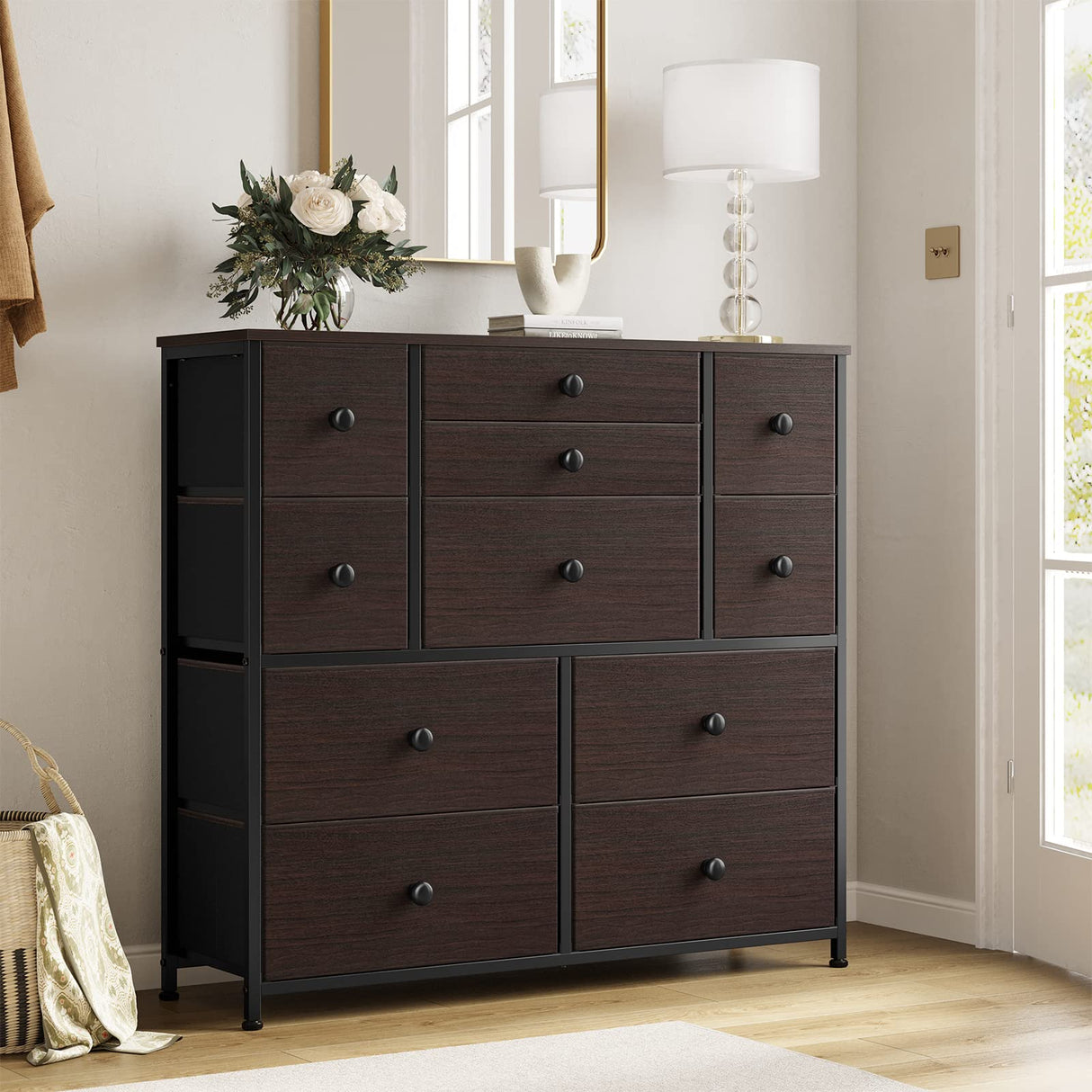 REAHOME 11 Drawer Dresser for Bedroom Faux Leather Chest of Drawers Fabric Dresser with Wooden Top Storage Organizer Unit for Living Room Hallway Entryway Closets (Rustic Brown) REAHOME