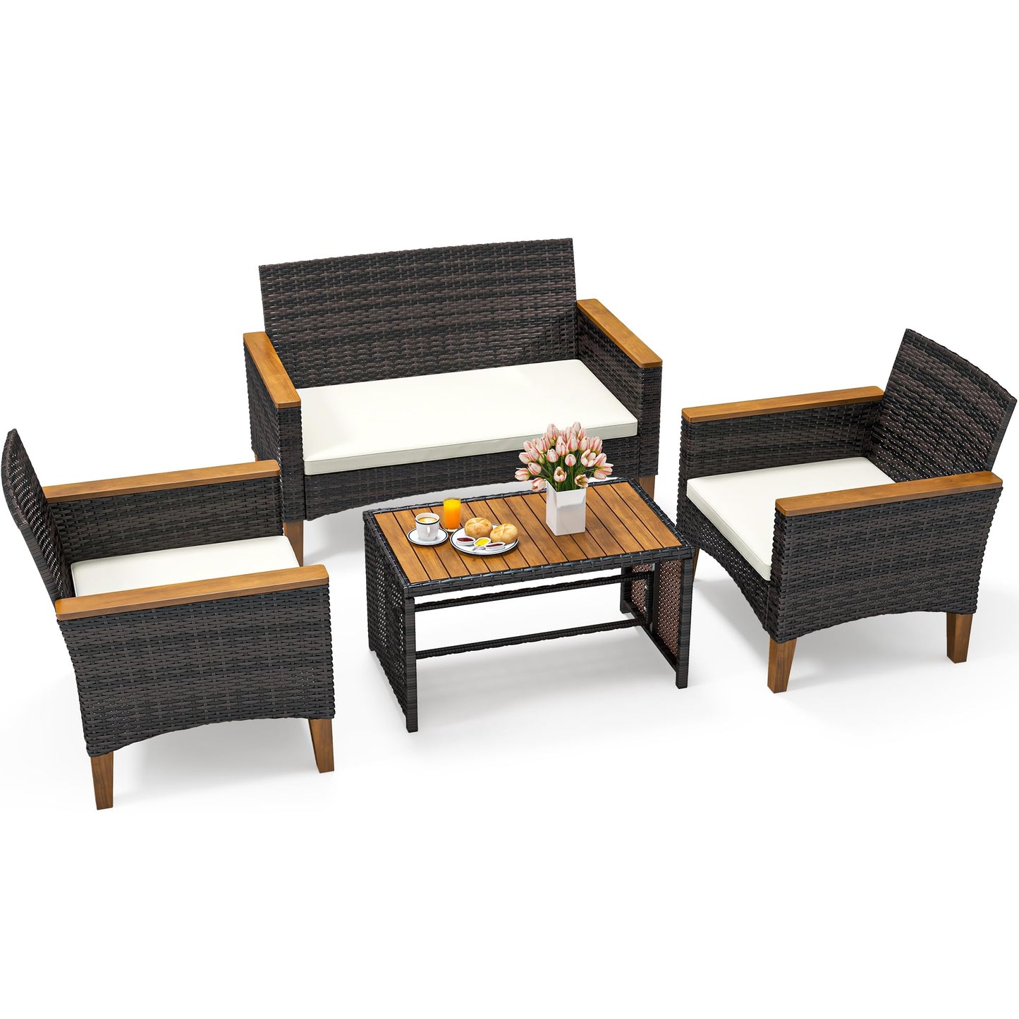 YITAHOME Wooden Armrest 4-Piece Patio Furniture Set, All-Weather Outdoor Furniture Rattan Wicker Conversation Set with Wooden Side Table, Wooden Armrests &Feet and Soft Cushions, Brown+Beige - WoodArtSupply