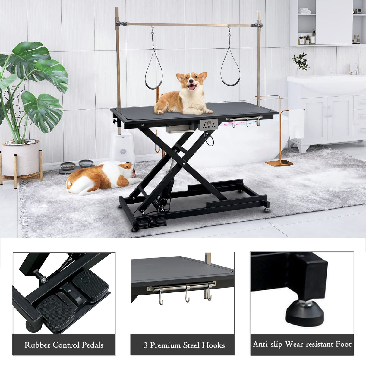 SoarFlash 49.6” Electric Lift Pet Dog Grooming Table,Heavy Duty Electric Grooming Table for Dogs&Cats,Heavy Duty Height Adjustable with Overhead Arm, Clamps, Two Grooming Noose SoarFlash