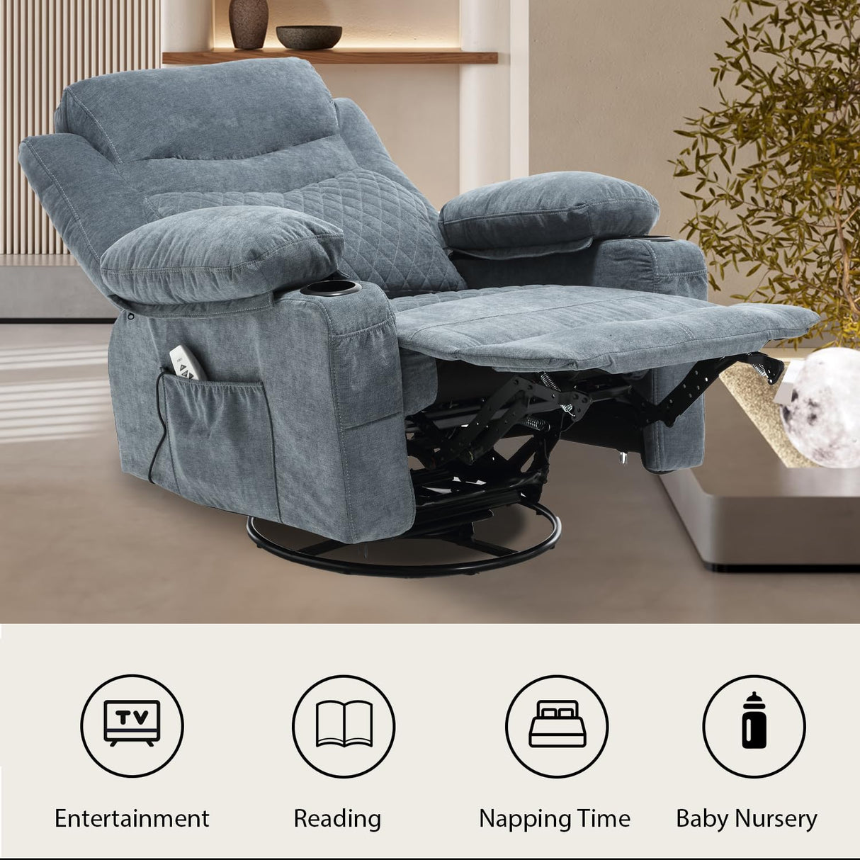linting Power Swivel Rocker Recliners with Massage and Heat for Adults Fabric Overstuffed Electric Swivel Recliner with Cup Holders USB Port, Rocking Glider Chairs, Blue linting