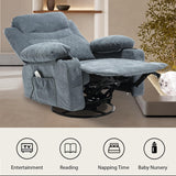 linting Power Swivel Rocker Recliners with Massage and Heat for Adults Fabric Overstuffed Electric Swivel Recliner with Cup Holders USB Port, Rocking Glider Chairs, Blue linting