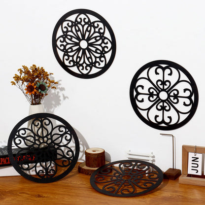 Zzbakress 4 Pcs Wooden Grainy Rustic Wall Art Farmhouse Wall Decor Wooden Exquisite Hollow Pattern Wall Decor Elegant Round Wall Art for Living Room Dinner Room Kitchen Bedroom Hallway (Black, Rustic)