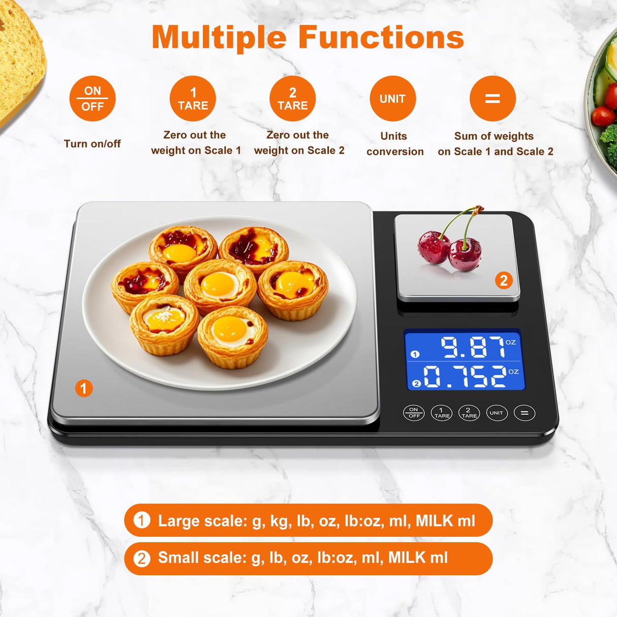 KUAIVO 0.001oz/33lbs Dual Platform Food Kitchen Scales Digital Weight Grams and Ounces, Two Precisions Kitchen Scale for Sourdough Bread, Baking and Cooking with 7 Units Tare, Accumulation Functions KUAIVO