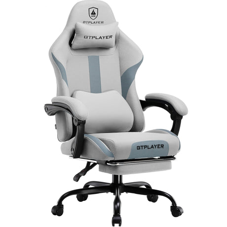 GTRACING Gaming Chair Ergonomic Office Chair with Foot Rest & Pocket Spring Cushion, High Back Computer Desk Chair with Headrest & Lumbar Support, Breathable Fabric Game Chair for Adults, Gray GTRACING