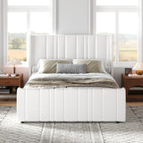 HOMBCK Full Bed Frame Upholstered Bed with Vertical Channel Tufted Headboard & Footboard/Wooden Slats/No Box Spring Needed/Easy Assembly, Cream HOMBCK