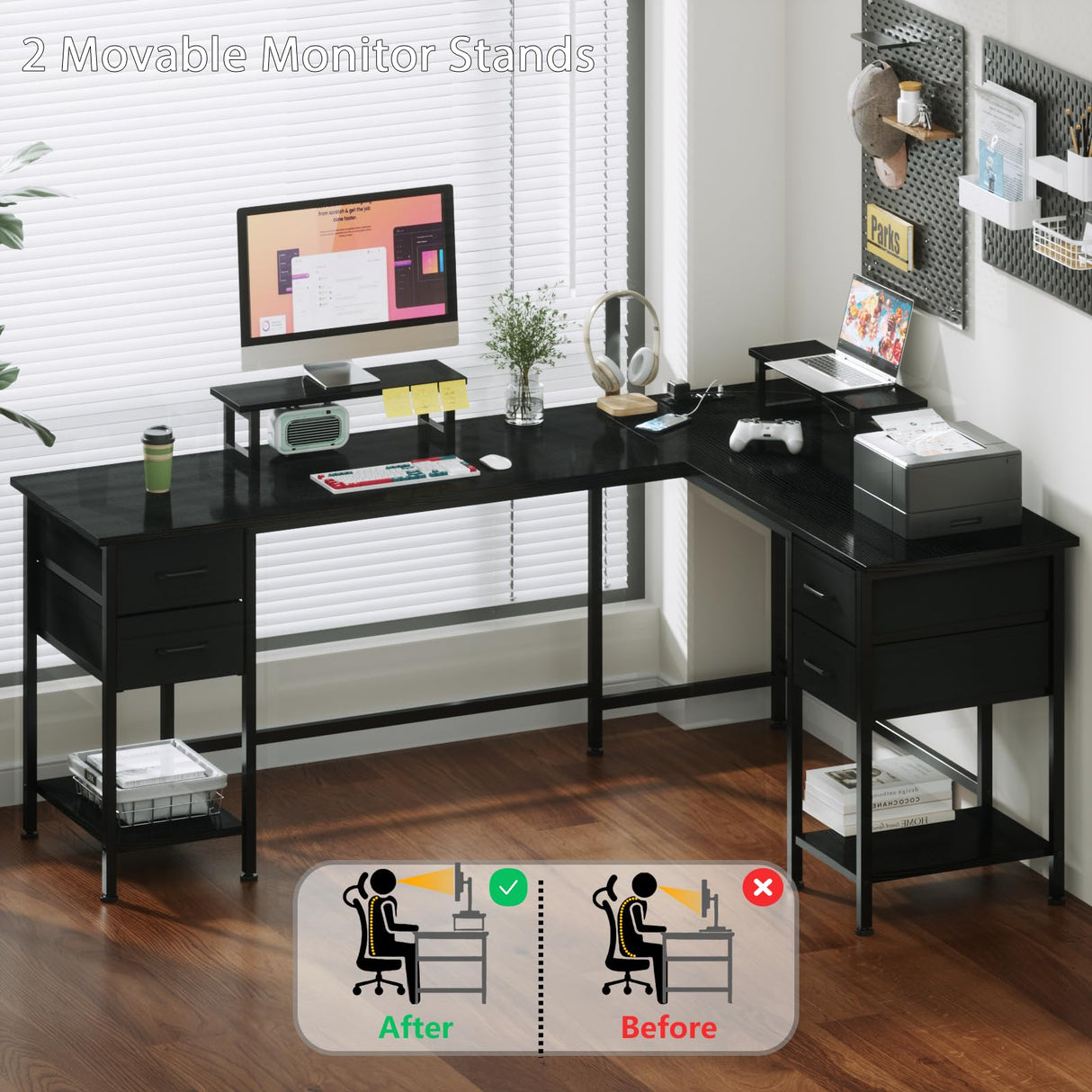 Korfile 66" L Shaped Computer Desk with Power Outlets, Corner Desk with 2 Monitor Stands, Home Office Desk with 4 Adjustable Storage Drawers & Shelves, Large Desk for Gaming Writing Study Work, Black Korfile