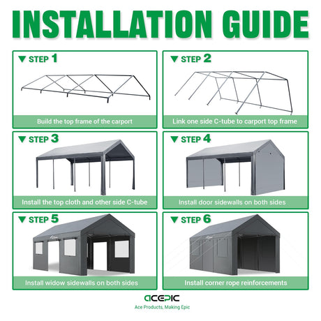 Acepic Carport 10x20ft Heavy Duty Carport Features Roll-up Windows & Doors, Portable Garage with UV Resistant Waterproof All-Season Tarp for Car Acepic