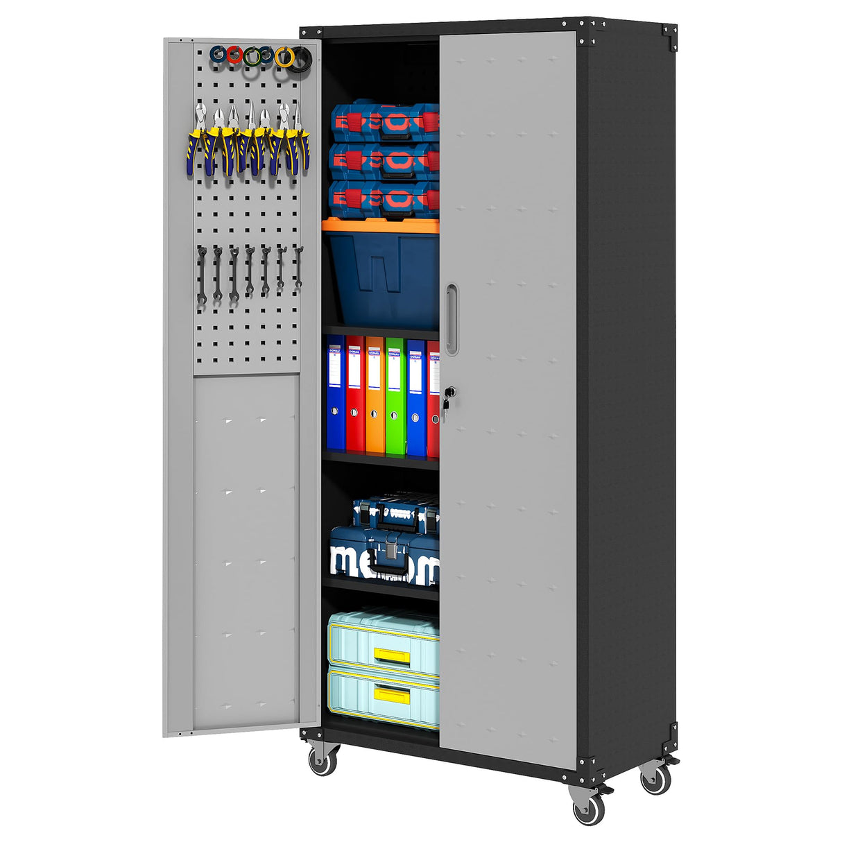 BIZOEIRON 71''H Garage Metal Storage Cabinet,Tall Cabinet with Doors,Black Garage Storage Cabinet with 3 Adjustable Shelves and Wheels,Rolling Tool Storage Cabinet for Warehouse, Office, Garage BIZOEIRON