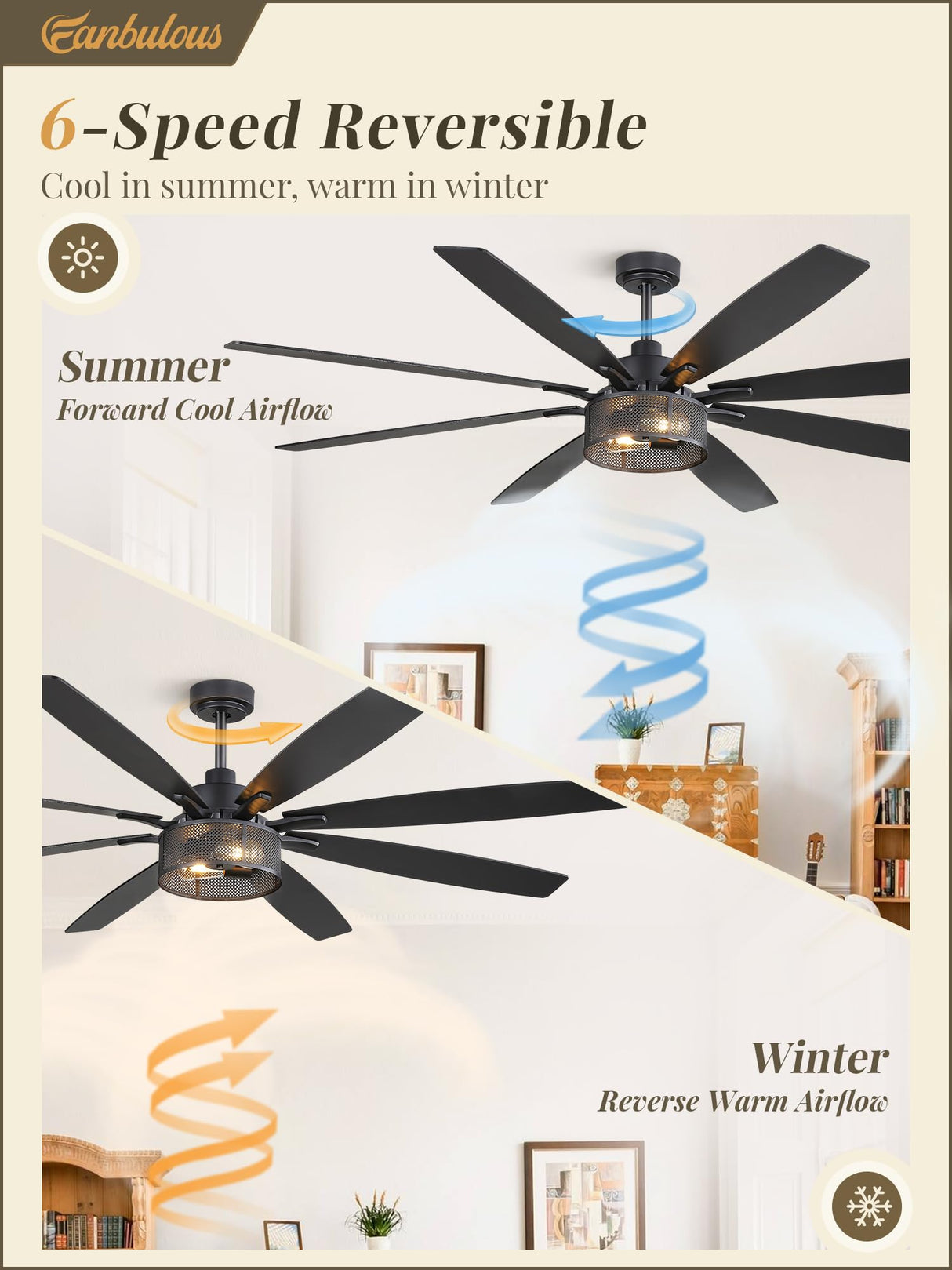 Farmhouse Ceiling Fans with Lights and Remote, 72 Inch Grey Industrial Caged Ceiling Fans for Bedroom Living Room Kitchen, 6 Speed Reversible Quiet DC Motor, Dual Finish 8 Blades Fanbulous