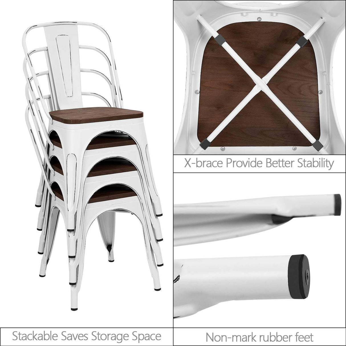 Furmax Metal Dining Chairs with Wood Seat, Indoor-Outdoor Use Stackable Chic Dining Bistro Cafe Side Metal Chairs Set of 4(White) Furmax