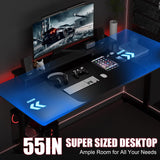 GTRACING Gaming Desk 55 Inch with LED Lights, Large Computer Desk with Mouse Pad for Home Office, T-Shaped Carbon Fibre Surface PC Game Workstations with Headphone Hook, Black GTRACING