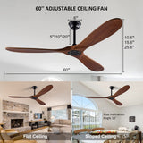 XBIBI 60 Inch Ceiling Fans Without Light, Solid Wood Ceiling Fan No Light with Remote and 3 Wood Blades,6 Speed Quiet DC Motor Indoor Outdoor Ceiling Fans for Patio, Living Room, Bedroom, Office XBIBI
