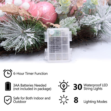 22inch Christmas Pink Wreath for Front Door with 30 LED Lights,Elegant Magnolia Christmas Door Wreath,Festive Holiday Decor, Frosted Winter Pink Decorations for Wedding Vofuly