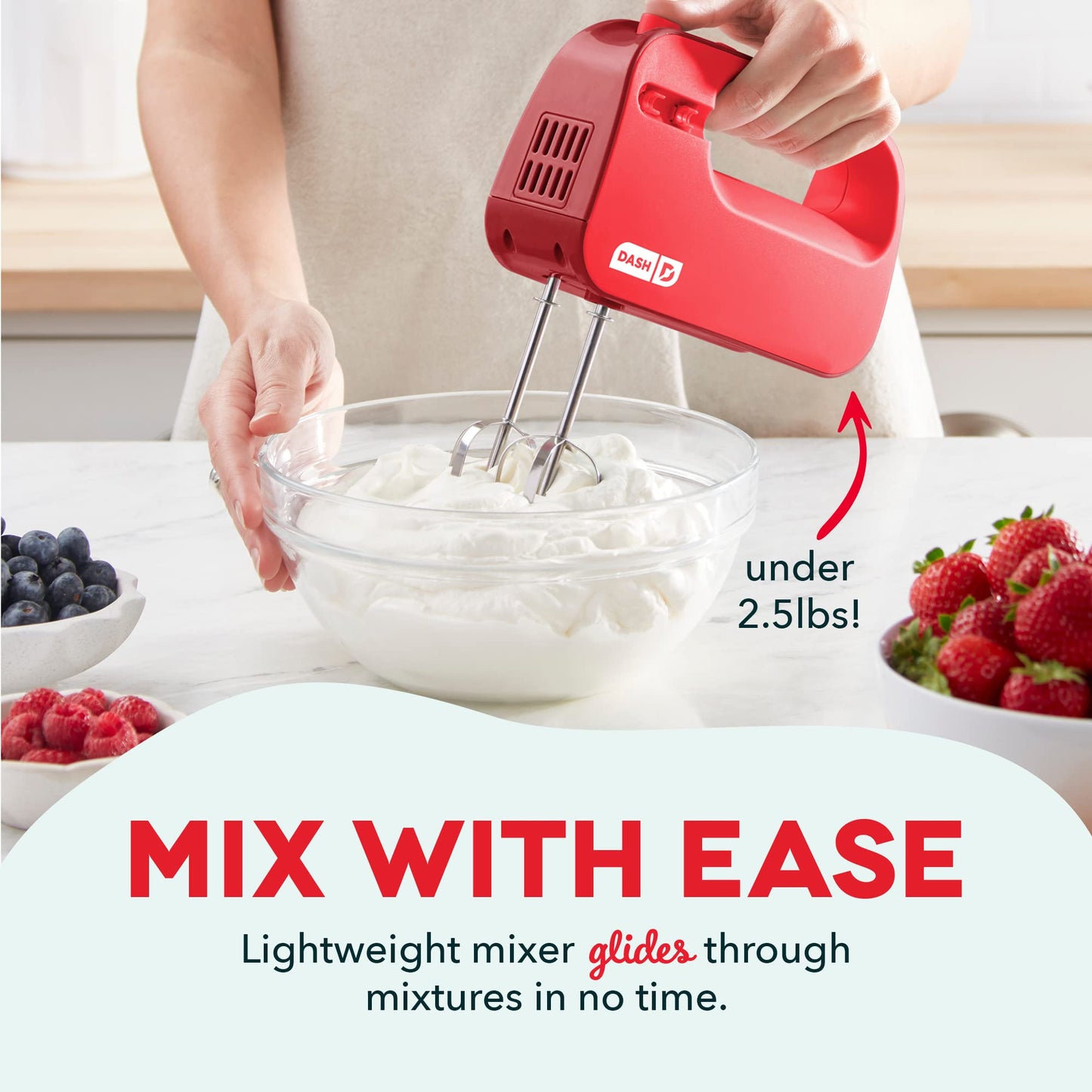 Dash SmartStore™ Compact Hand Mixer Electric for Whipping + Mixing Cookies, Brownies, Cakes, Dough, Batters, Meringues & More, 3 Speed, 150-Watt - Red