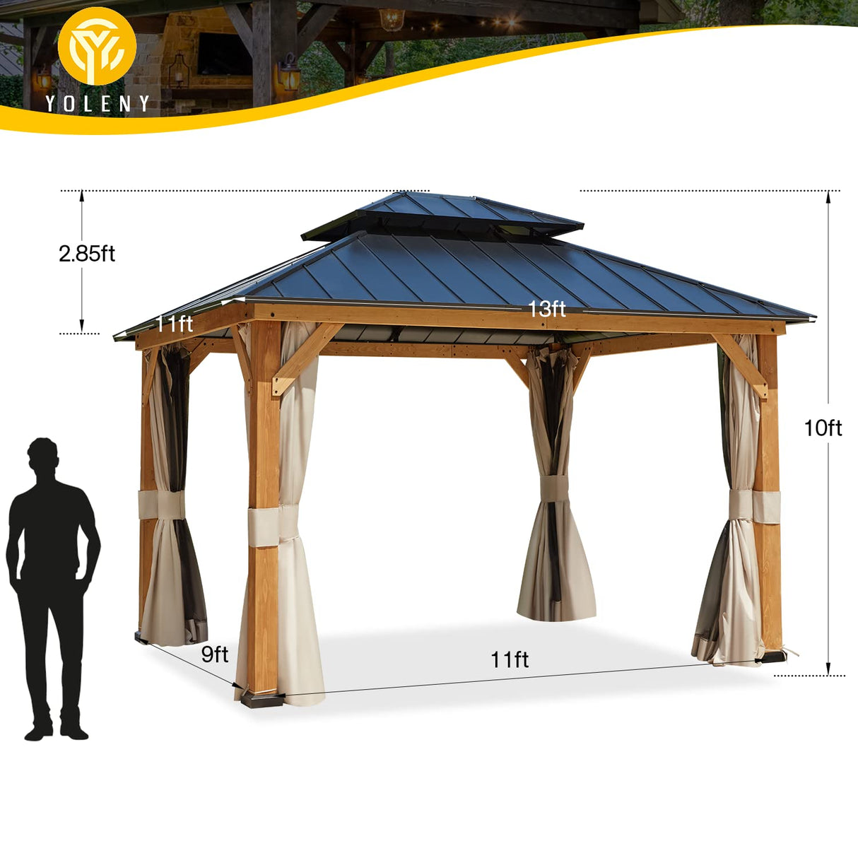 YOLENY 11' x 13' Spruce Wood Gazebo, Outdoor Hardtop Gazebo with Privacy Curtains and Mosquito Netting for Patio, Garden, Backyard YOLENY