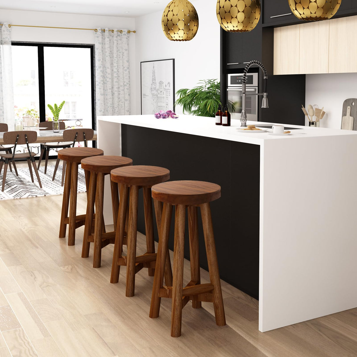 JOLLYMER Bar Stool with Round Seat for Kitchen Island Counter, Solid Teak Wood Barstool in Espresso Finish, Home Bar Furniture, 29-Inch Height JOLLYMER