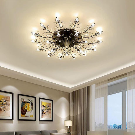 Modern Crystal Ceiling Light Fixture,Semi Flush Mount Chandeliers,Crystal Leaf Ceiling Light, Chandeliers for Dining Room,Living Room,Bedroom (Black, 15-Lights) Ridiss