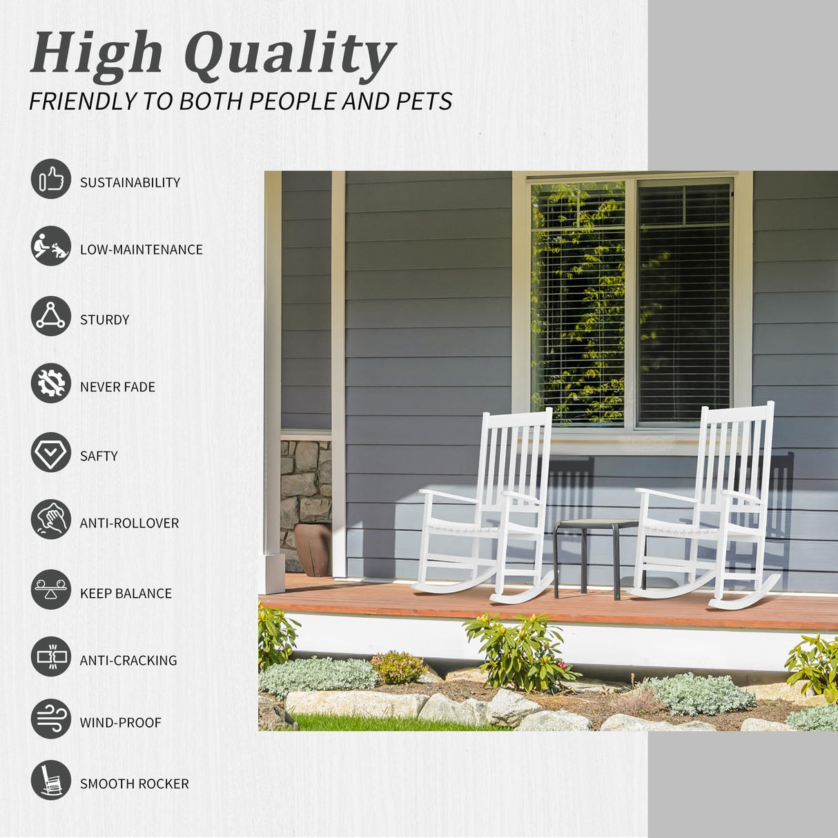 Outvita Outdoor Rocking Chair, Solid Wood High Back Rocker, All Weather Lounge Chair for Porch Patio Fire Pit Garden Backyard Deck Indoor, White Outvita