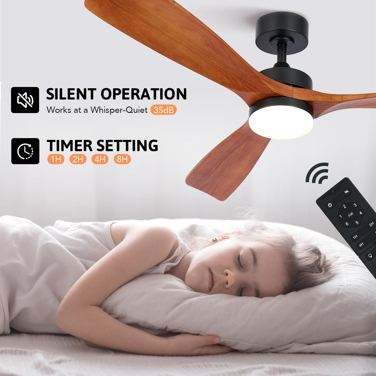 VONLUCE Ceiling Fans with Lights, 52 Inch Outdoor Ceiling Fan with Remote, 6 Speed Reversible Noiseless DC Motor, Wood Ceiling Fan for Indoor Bedroom Farmhouse Patios, Walnut VONLUCE