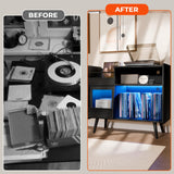 Large Record Player Stand with Sliding Door,350 Vinyl Record Storage Cabinet, Record Player Table with Power Outlet and LED Light,Turntable Stand with Wood Legs for Living Room,Bedroom,Office MULEJYBO