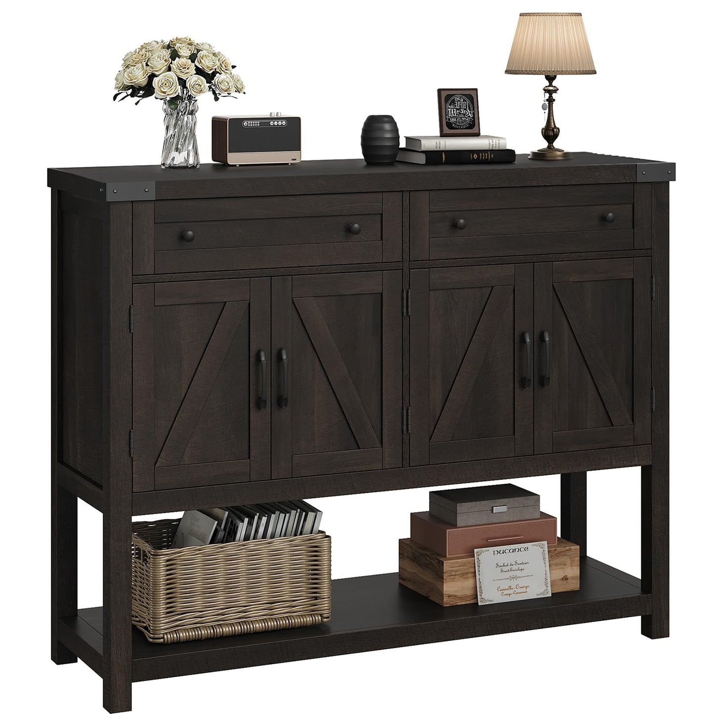 HOSTACK Buffet Sideboard Cabinet with Storage, 47.2" Modern Farmhouse Coffee Bar with 2 Drawers, Barn Door Console Table with Shelf for Kitchen, Dining Room, Living Room, Entryway (Dark Brown - WoodArtSupply