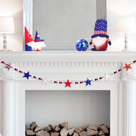 4.2 FT Patriotic Wooden Beads Garland with Star-Shaped Charms, Red White Blue American Flag Colors Beaded Decor, Rustic Farmhouse Banner for 4th of July Decorations, Shelf Display, Fireplace, Wall Gistome