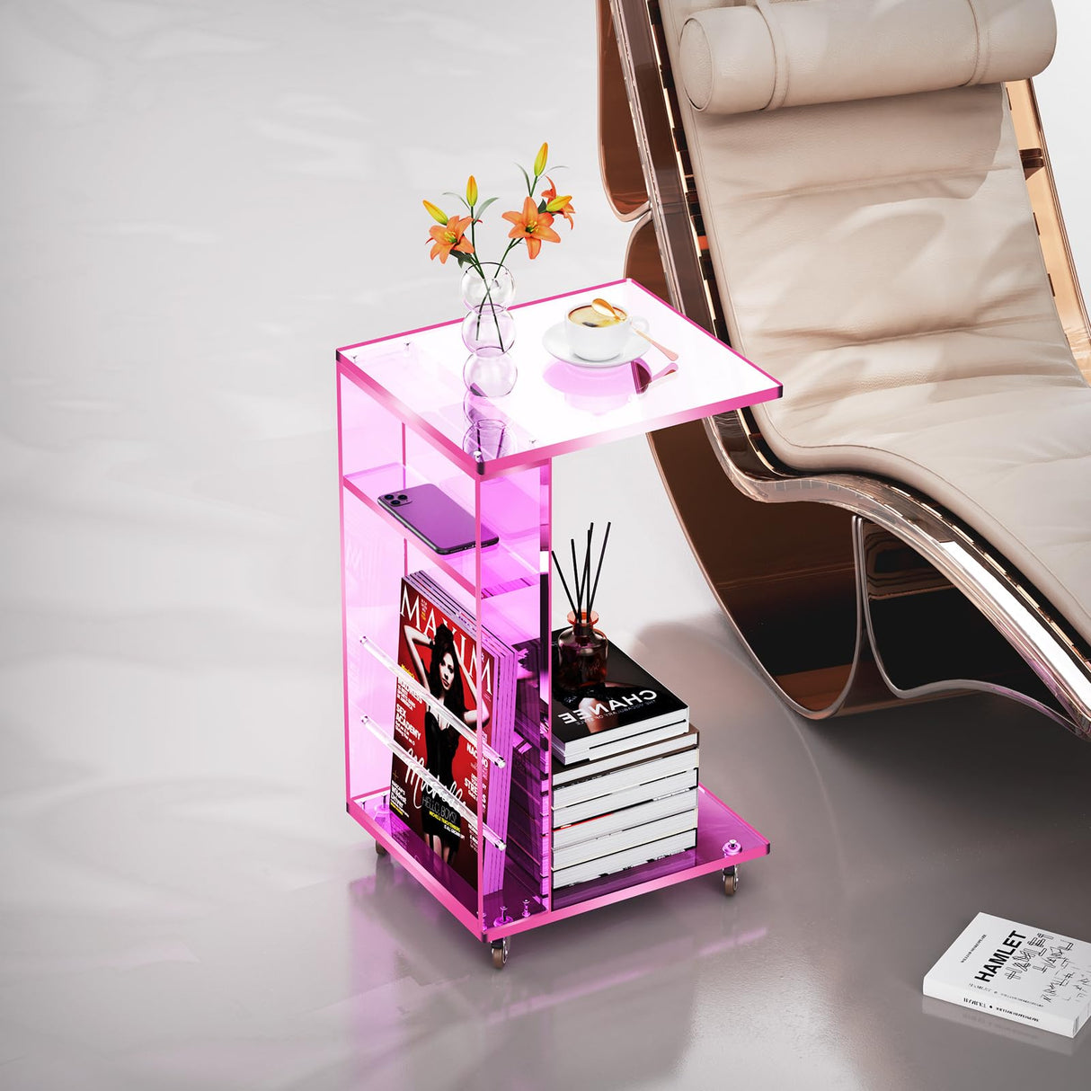 Clear Acrylic Side Table on Lockable Wheels, C Shaped End Table for Sofa, Small Coffee Tables for Small Spaces (Pink) Acrylicolor