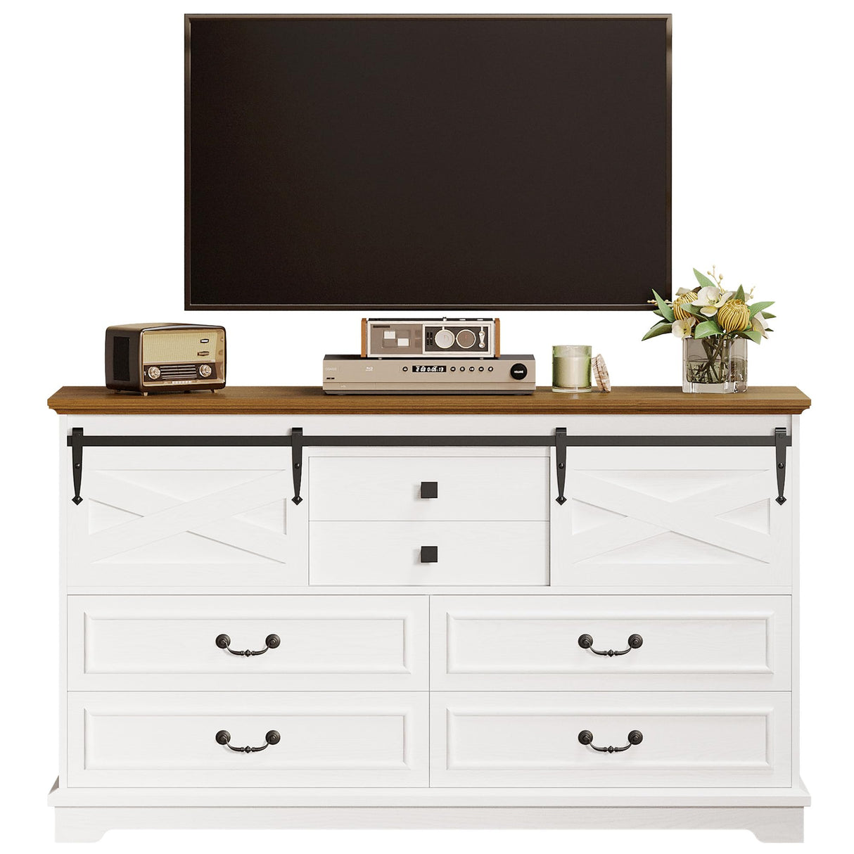 IRONCK Farmhouse 6 Drawers Dresser for Bedroom, 55.1" Large Wooden Chest of Drawers with Sliding Barn Door, White/Walnut IRONCK