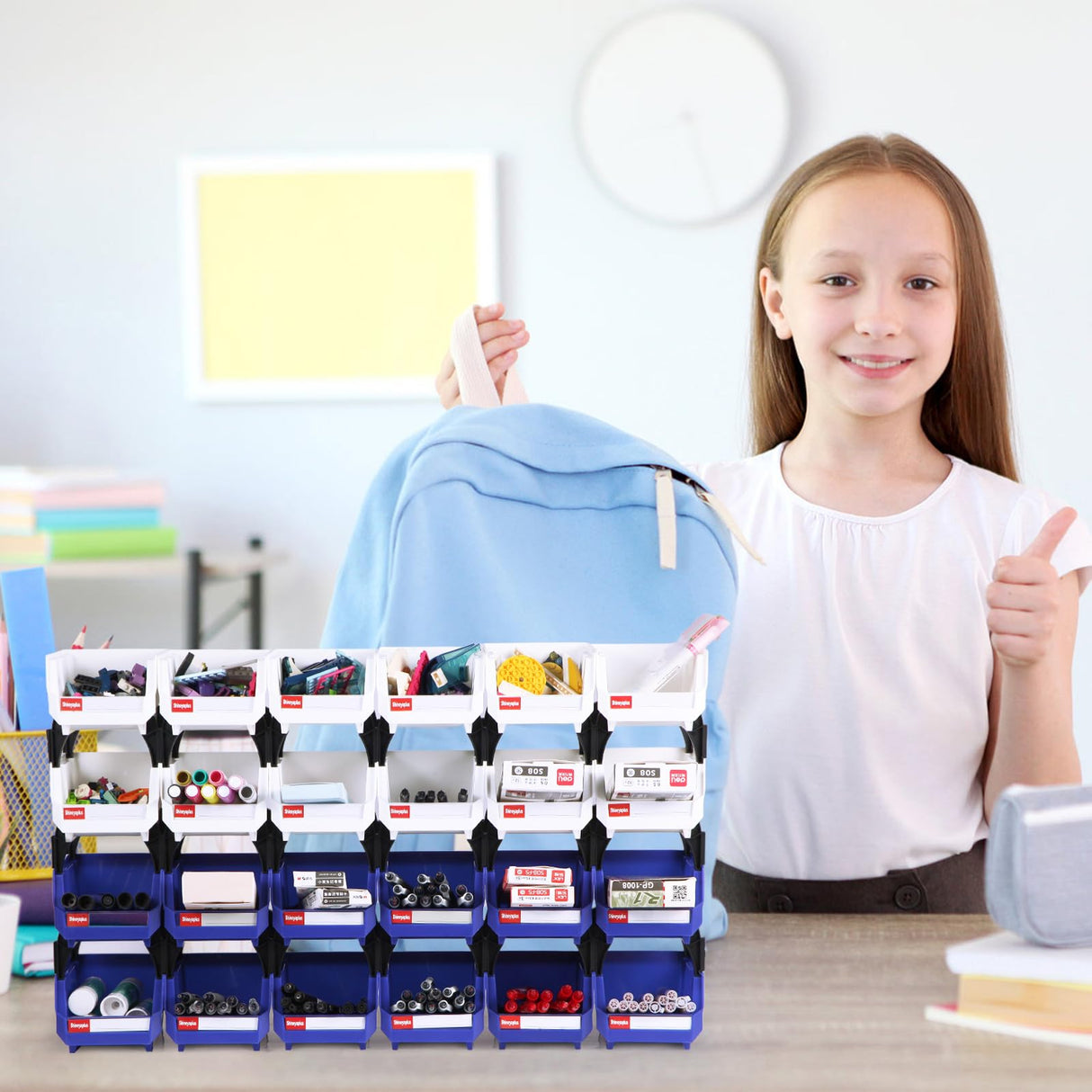Shineyaplus Stackable Storage Bins 24 Pack (5x4x3 Inch), Plastic Stackable Storage Organizer Bins Wall Mounted Hanging Small Parts Bin for Garage, Workbench & Office (Blue & White) Shineyaplus