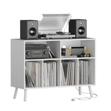 Cozy Castle Record Player Stand, Turntables Stand with Charging Station and Vinyl Record Storage Holds up to 350 Albums, Record Stand Table for Living Room, Office, White Cozy Castle