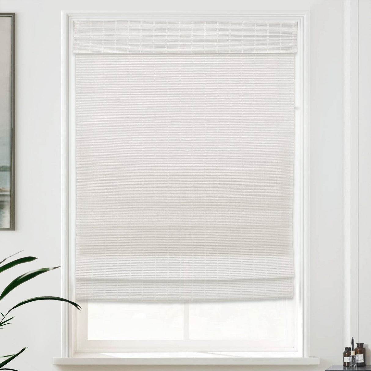 MOOD Custom Bamboo Shades | Modern | Cordless Bamboo Roman Shades for Windows and Doors (Natural Woven) | Modern White Dough (Sheer) | Custom Size Mood