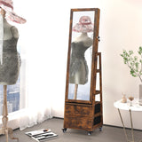 MASMIRE Rotating Jewelry Cabinet with Vanity Mirror,Full Length Mirror with Storage Mirror Jewelry Armoire Standing with LED Lights Lockable Jewelry Organizer Wheels Rustic Brown MASMIRE