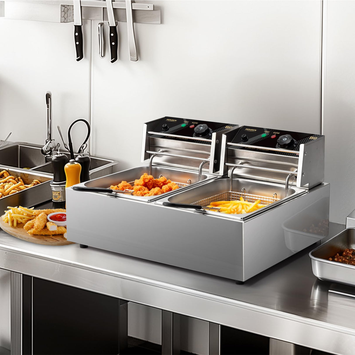 ROVSUN 22.8QT/21.6L Electric Deep Fryer, Countertop Commercial Stainless Steel Dual Tank Kitchen Fat Fryer Frying Machine w/Baskets Lids for French Fries Donuts, Adjustable Temp, 3400W ROVSUN